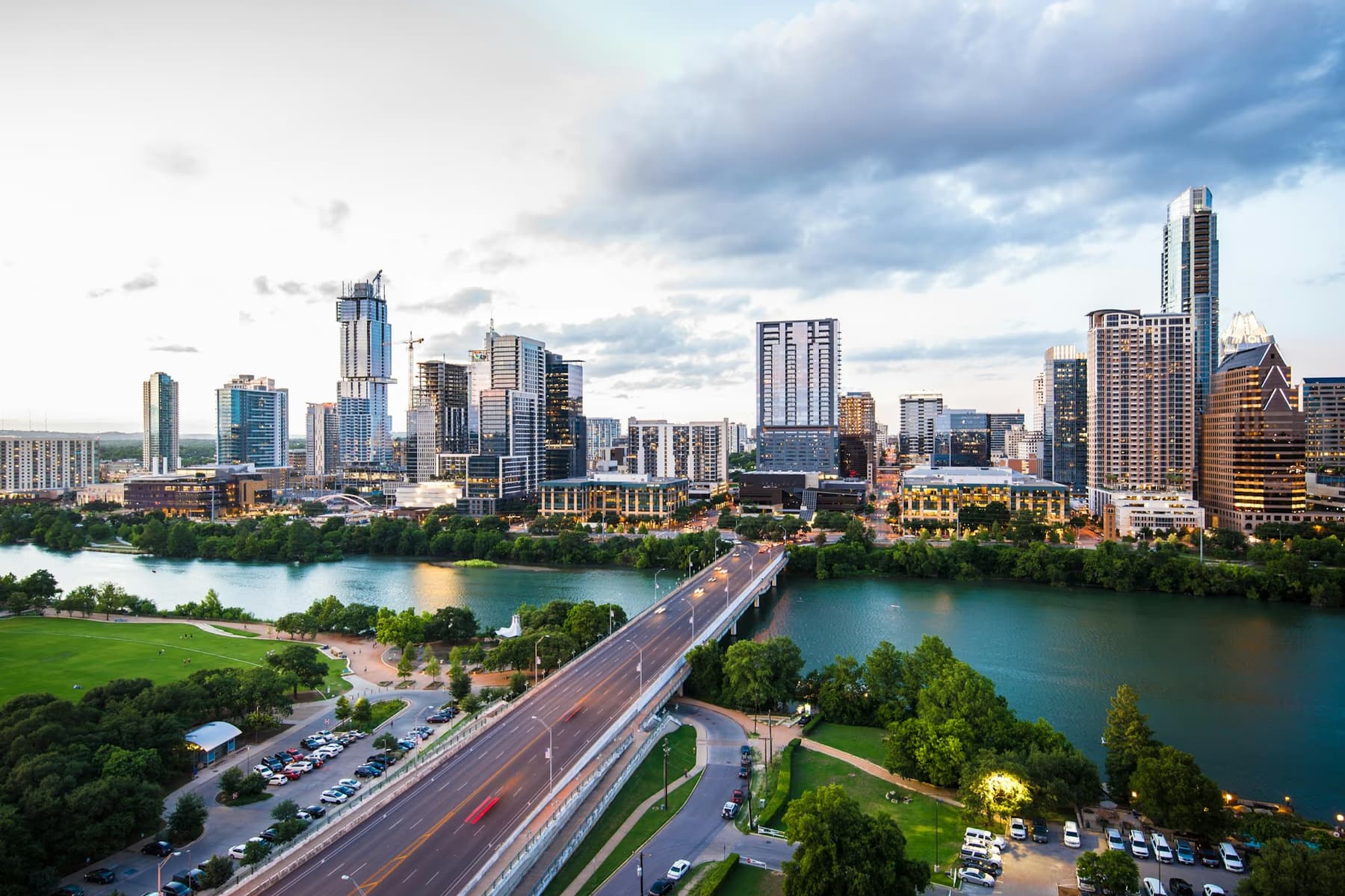 Aerial view of the Austin skyline and the Congress Avenue Bridge over Lady Bird Lake