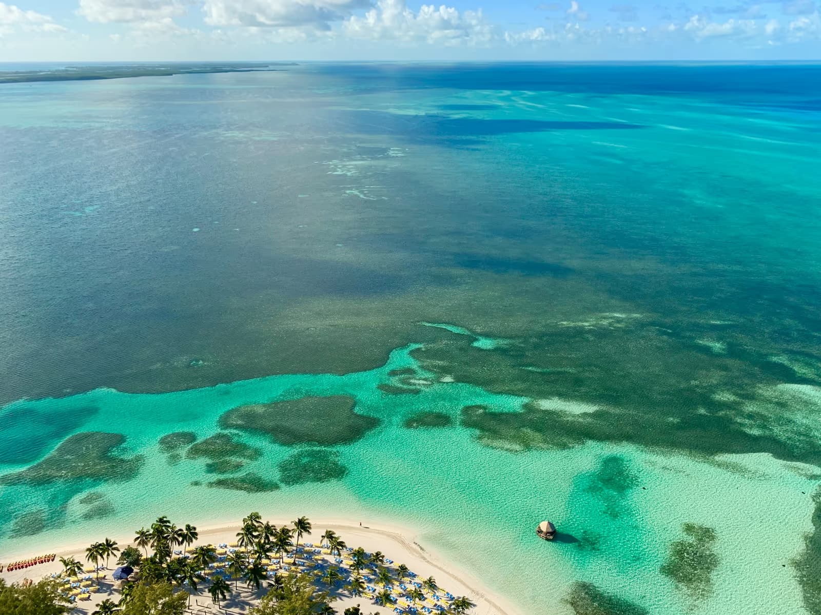 Aerial view of turquoise shallows, reef and a palm-lined white-sand beach in the Bahamas