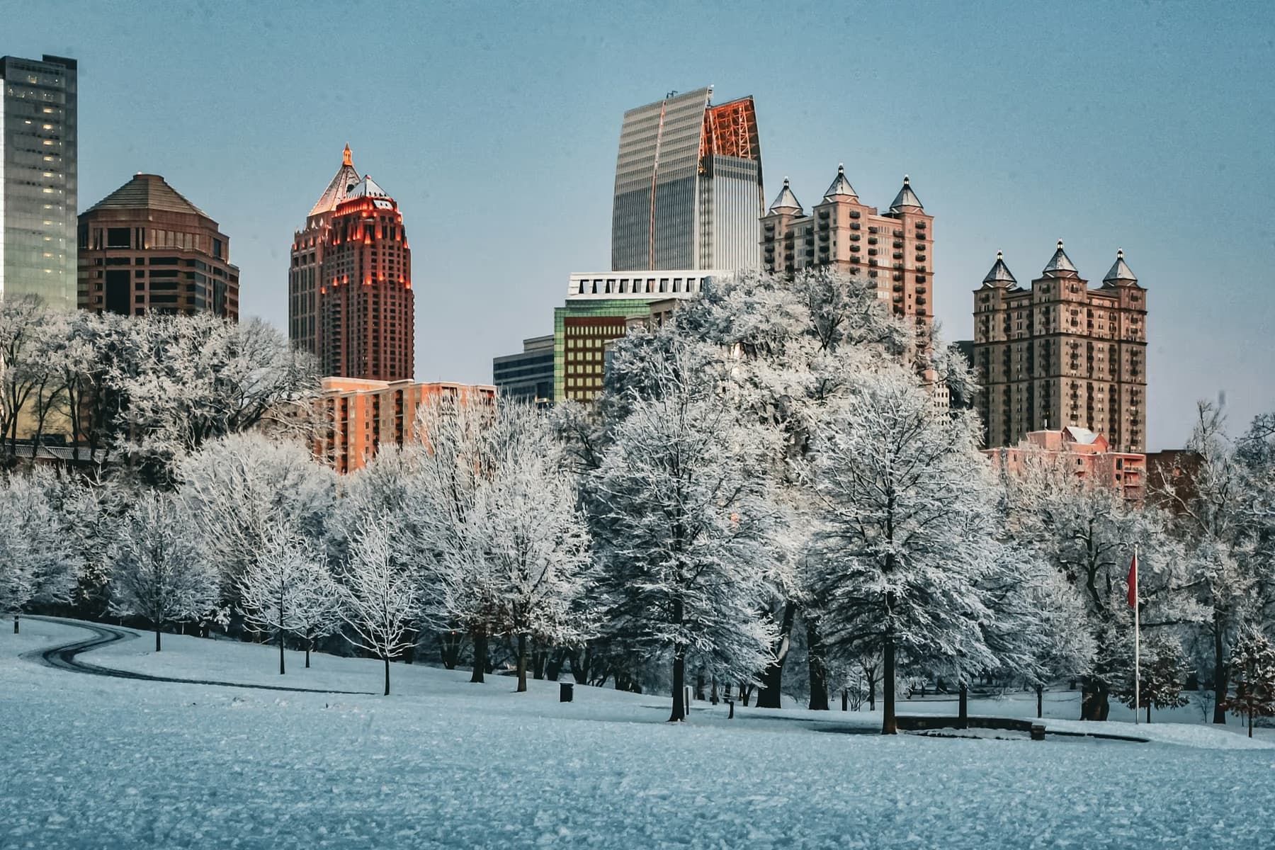 The Midtown Atlanta skyline seen across Piedmont Park in winter