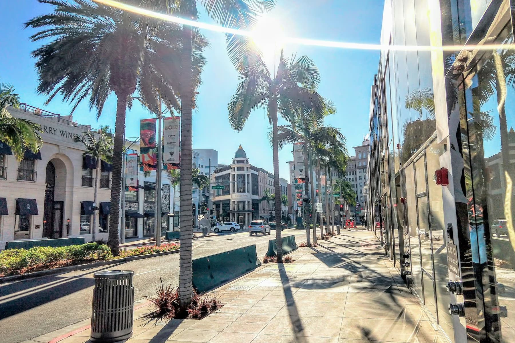Palm trees and shopfronts along Rodeo Drive in Beverly Hills on a sunny day