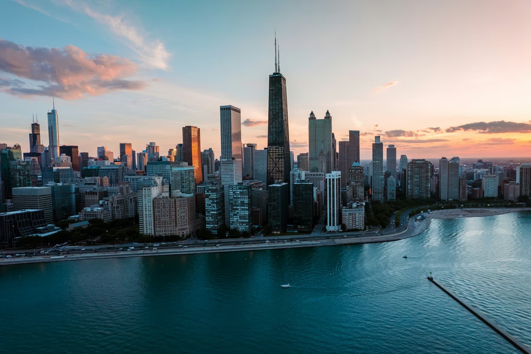 Aerial view of the Chicago skyline and the former John Hancock Center from over Lake Michigan