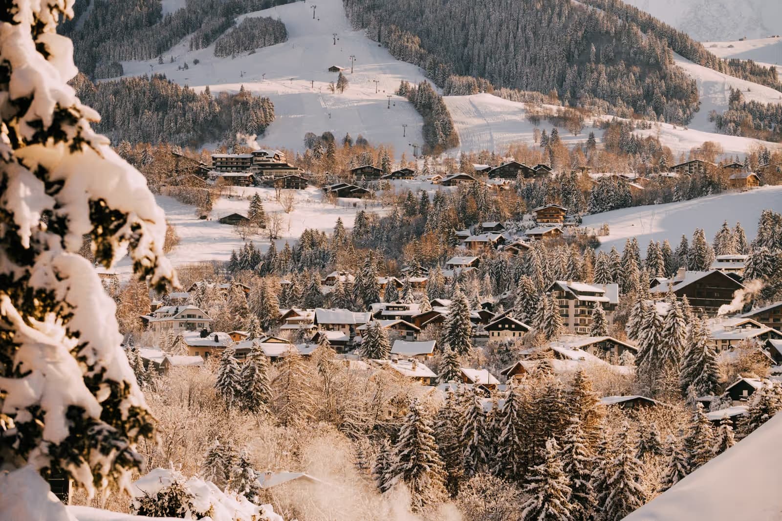 Wooden chalets among snow-covered pine trees in low winter sun, with ski slopes on the hillside behind