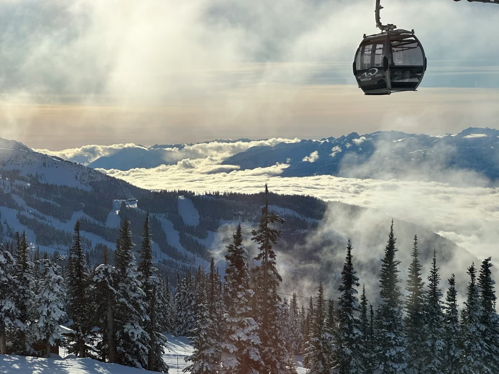 A Whistler Blackcomb gondola cabin above snow-covered firs, with cloud filling the valley and the Coast Mountains beyond